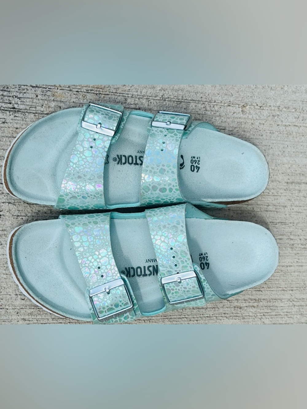 Birkenstock Women’s Light Aqua Iridescent Mermaid Two-Buckle Arizona Sandals 40 - Picture 2 of 10
